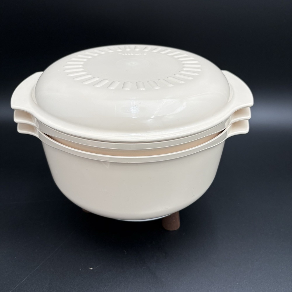 Vintage Tupperware 3 Pc Stackable  Cooker In The Microwave  Recipe Book Almond